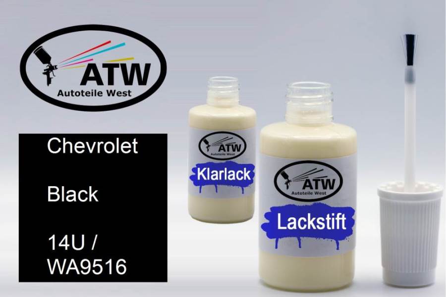 Chevrolet, Black, 14U / WA9516: 20ml Lackstift + 20ml Klarlack - Set, von ATW Autoteile West.